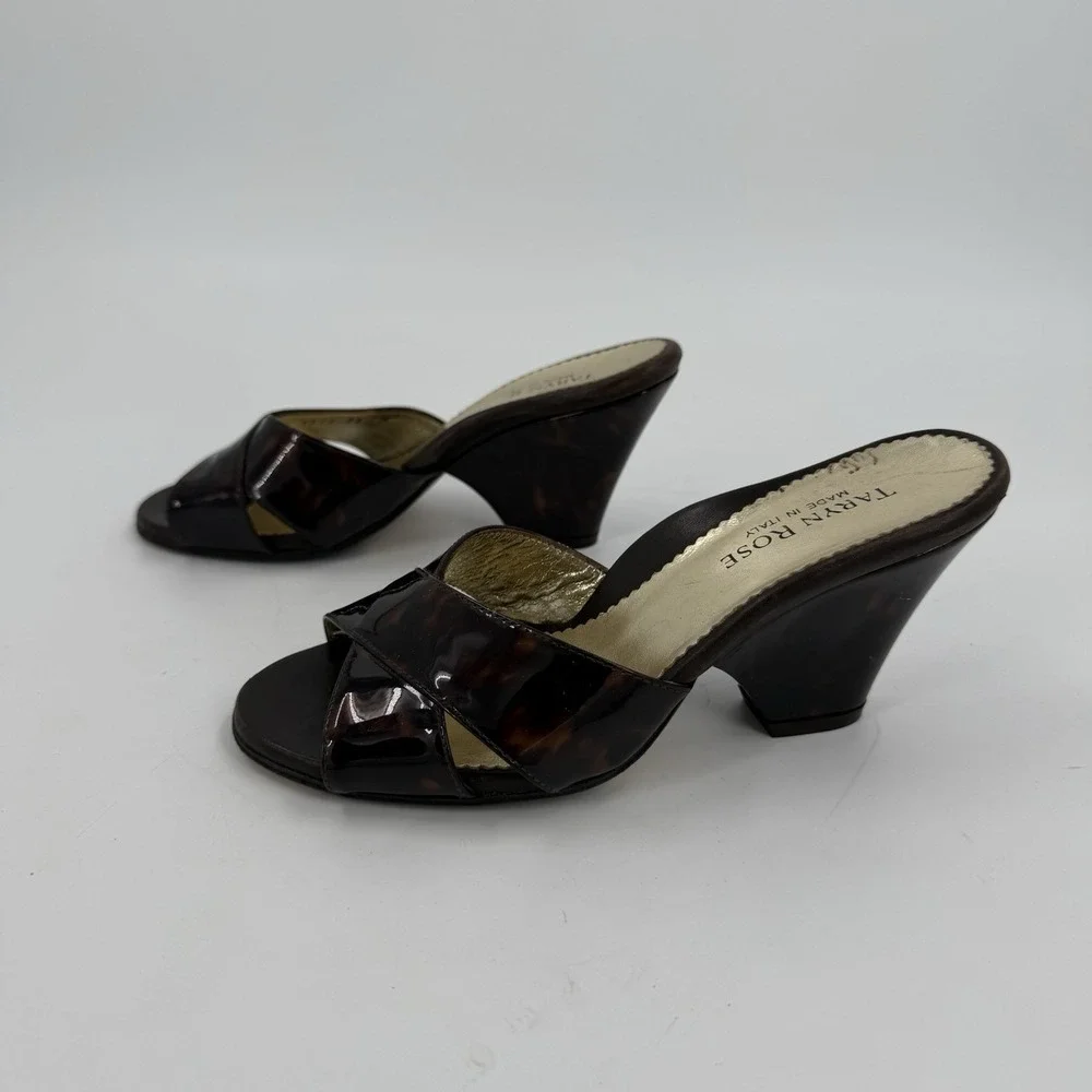Taryn Rose Womens Size 5 EU 35 Leather Tortoise Patent Mules Heels Made Italy